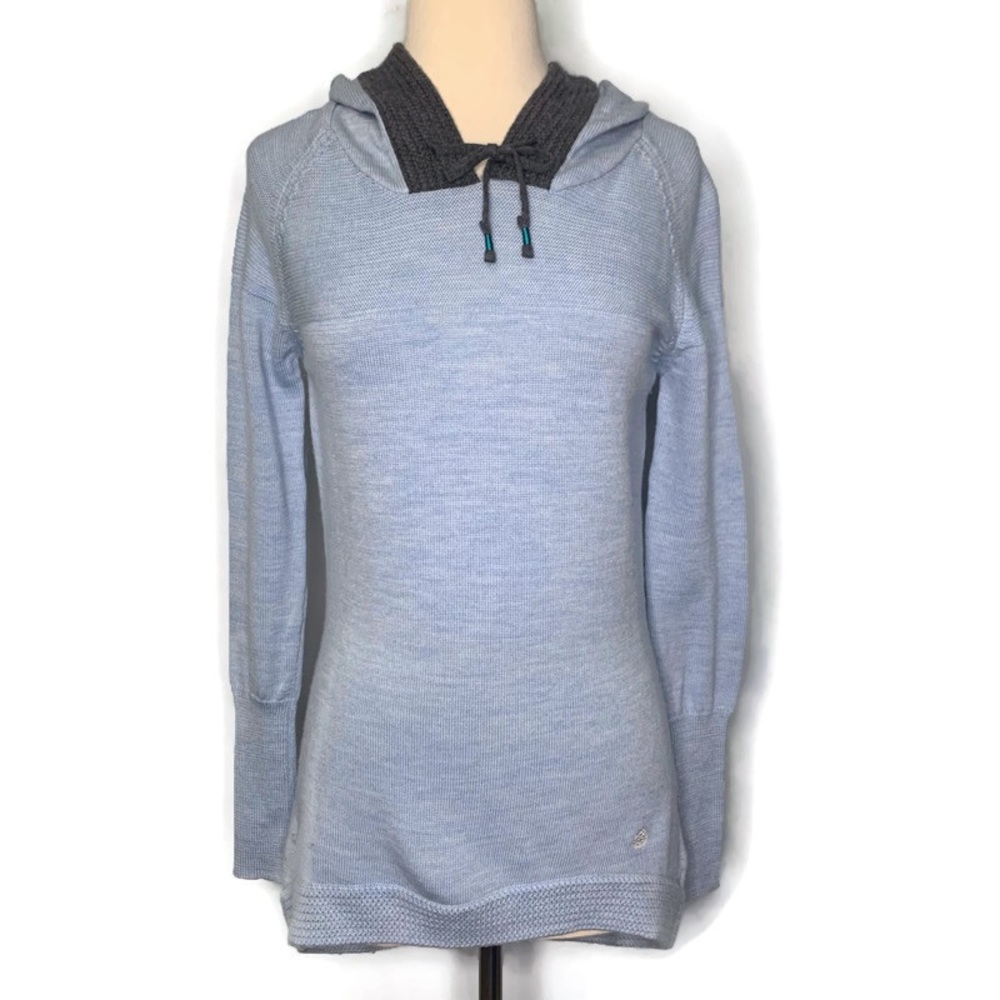 Stio Blue Gray Pullover Hooded 100% Merino Wool High Low Length Size S